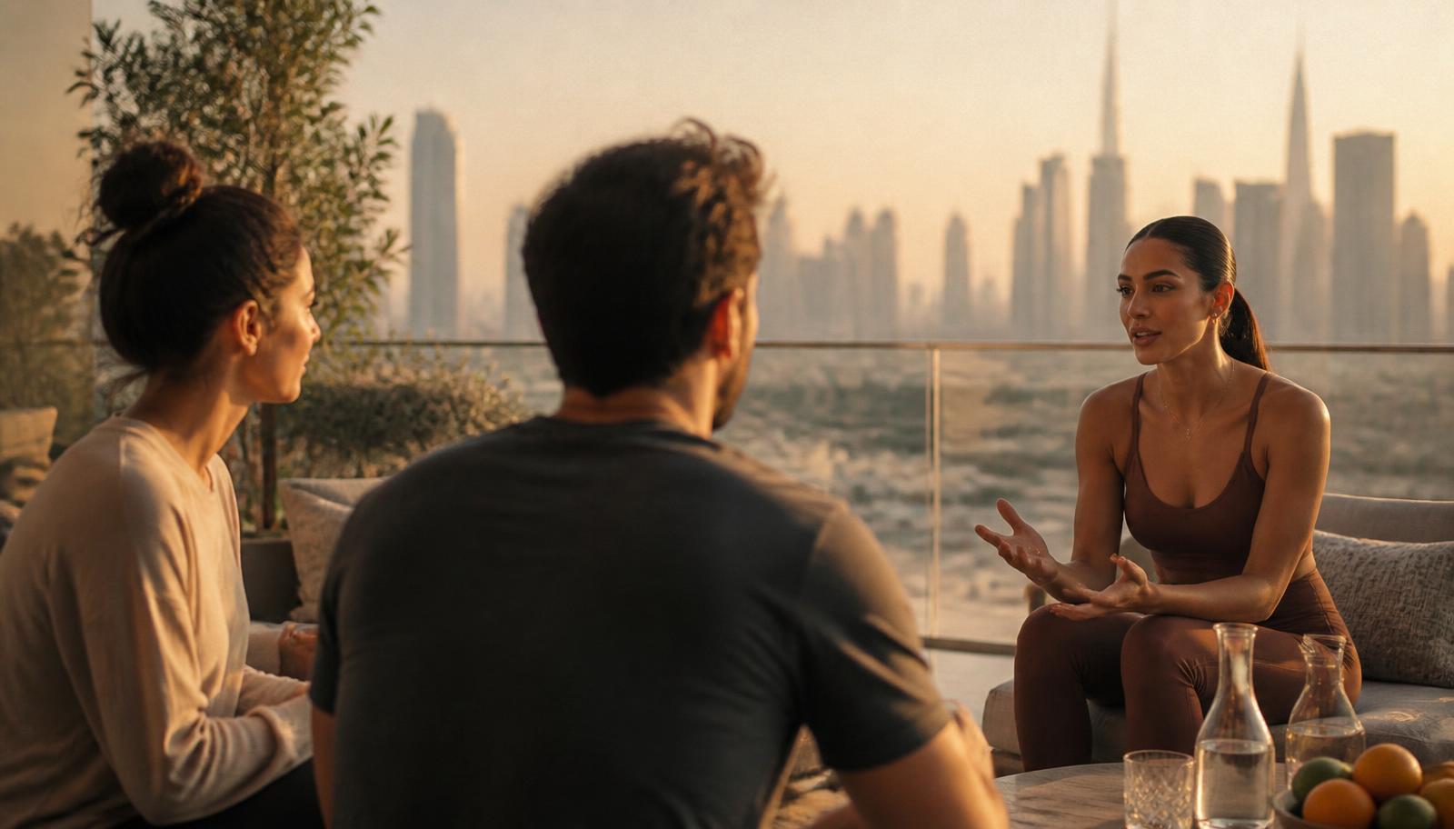 Coach in conversation with residents on a rooftop terrace at golden hour