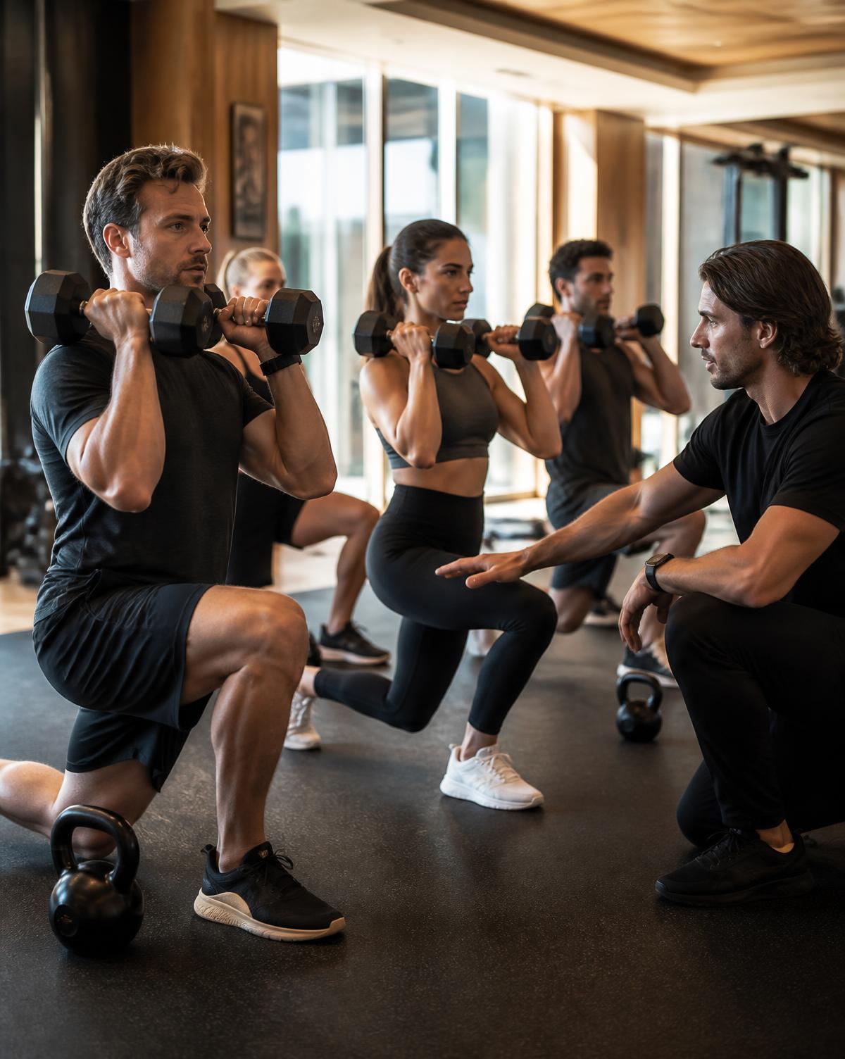 Strength and conditioning class with a coach correcting form