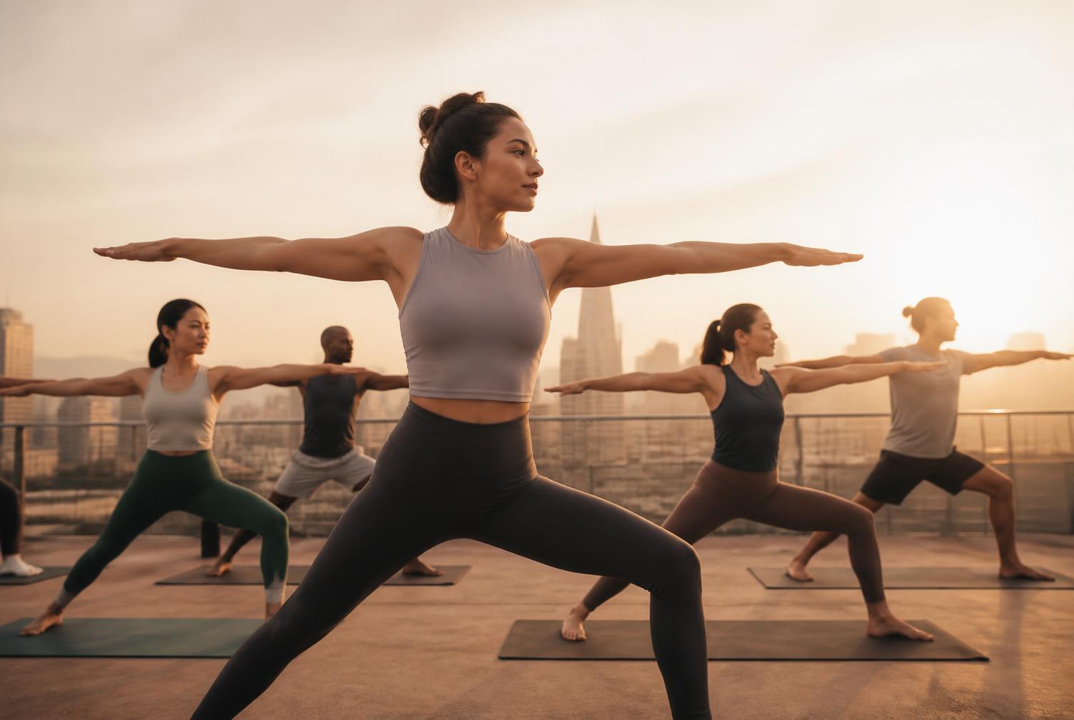 Sunrise rooftop yoga class in warrior pose