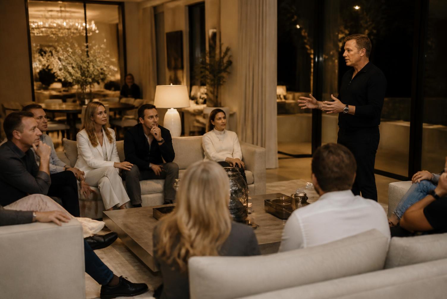 Coach delivering a mindset talk to a seated group of residents