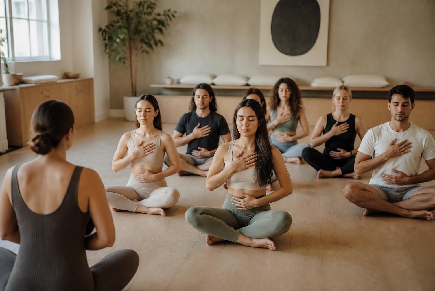 Group breathwork class seated in a light-filled studio